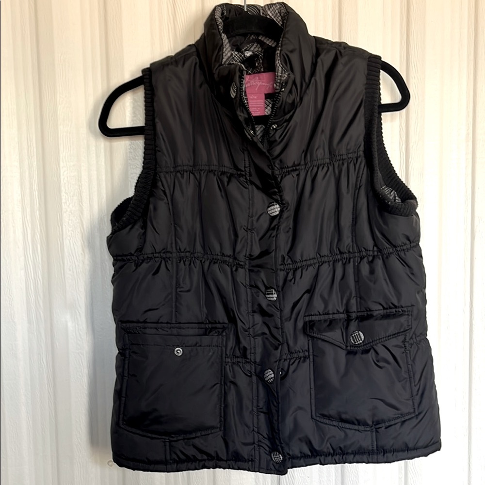 WEATHERPROOF Girls Black Quilted Puffy Vest‎ with Plaid Accents Size L